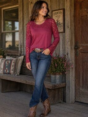 CAVENDERS ROCKIN C FUCHSIA LACE SLEEVE LONG SLEEVE TOP MEDIUM WESTERN